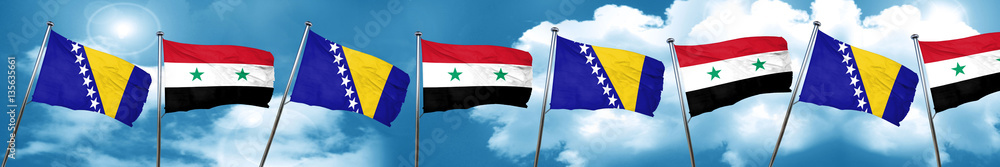 Bosnia and Herzegovina flag with Syria flag, 3D rendering Bosnia and Herzegovina flag with Syria flag, 3D rendering