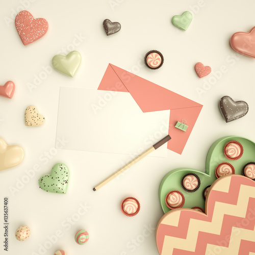 Festive love card mock-up with pink envelope, flat lay, top view. Decorative Valentines Day themed objects, heart shape cookies, mint candy, gift box of chocolate 3D Illustration