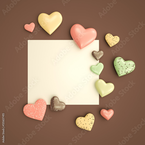 Love theme and heart shape objects postcard mock-up Valentines Day celebration elements. Write your text on blank card with envelope flat lay 3D Illustration