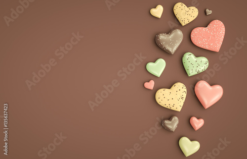 Background with heart shape cookies decoration for love themed holidays 3D Illustration
