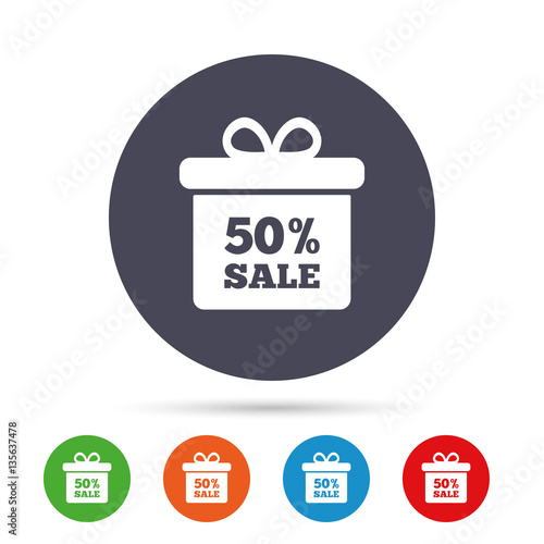 50 percent sale gift box tag sign icon.