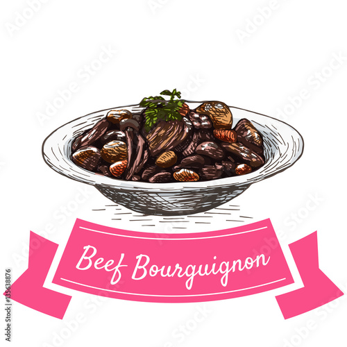 Beef Bourguignon colorful illustration.