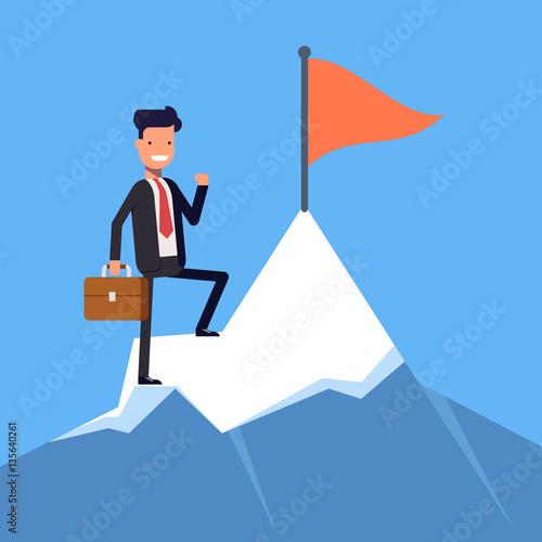 Businessman or manager with flag on a Mountain peak. Office worker, winner on top. Flat character isolated on white background. Vector, illustration EPS10.