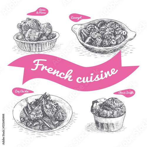 Monochrome vector illustration of French cuisine.