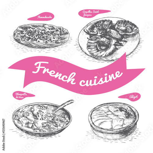 Monochrome vector illustration of French cuisine.