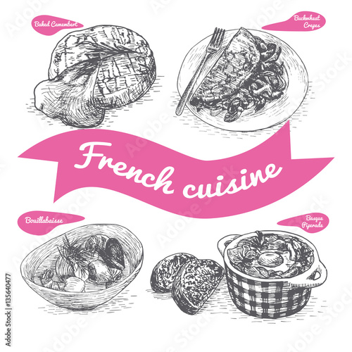 Monochrome vector illustration of French cuisine.