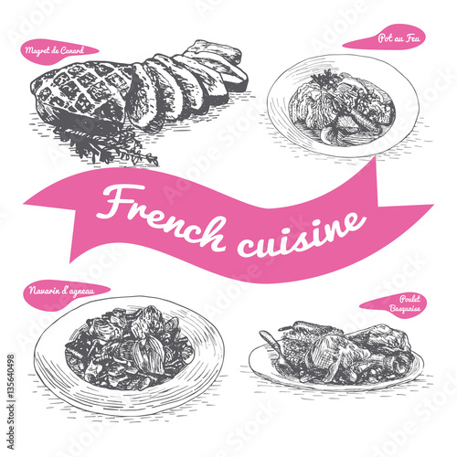 Monochrome vector illustration of French cuisine.