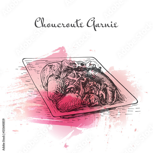 Choucroute Garnie watercolor effect illustration.