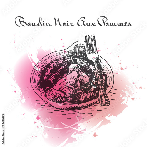 Boudin Noir Aux Pommes watercolor effect illustration.