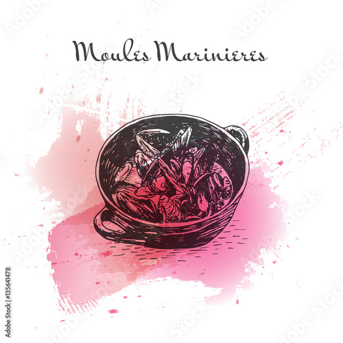 Moules Marinieres watercolor effect illustration. photo