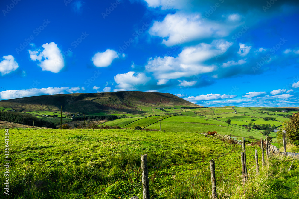 Scenic view on Pendle Hill, Summer, blue sky and white clouds, Forest Of Bowland, Lancashire, England, UK