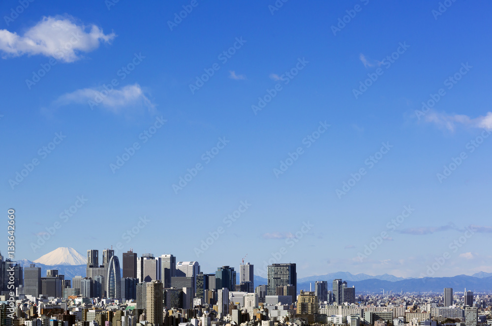 富士山と新宿高層ビル街　快晴　青空　大空　コピースペース