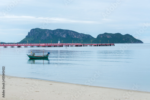 Landscape of fishing boats floating sea at Prachuap Khiri Khan province, Southern of Thailand