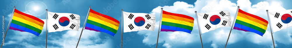 Obraz premium Gay pride flag with South Korea flag, 3D rendering