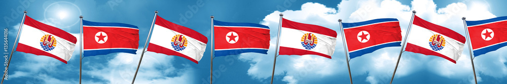 french polynesia flag with North Korea flag, 3D rendering french polynesia flag with North Korea flag, 3D rendering
