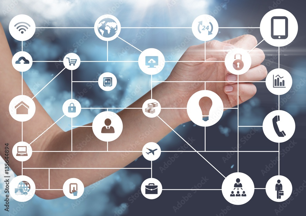 Woman hands touching digitally generated social networking icons Woman hands touching digitally generated social networking icons