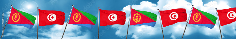 Eritrea flag with Tunisia flag, 3D rendering Eritrea flag with Tunisia flag, 3D rendering
