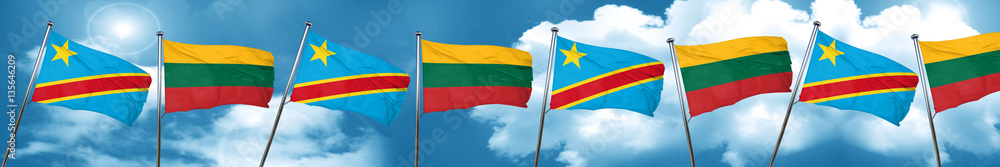Democratic republic of the congo flag with Lithuania flag, 3D re Democratic republic of the congo flag with Lithuania flag, 3D re