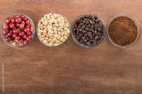 coffee beans prepare product on wood blank space table top view