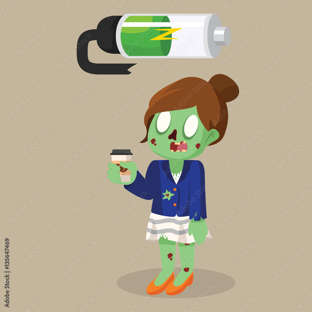 zombie businesswoman recharging battery