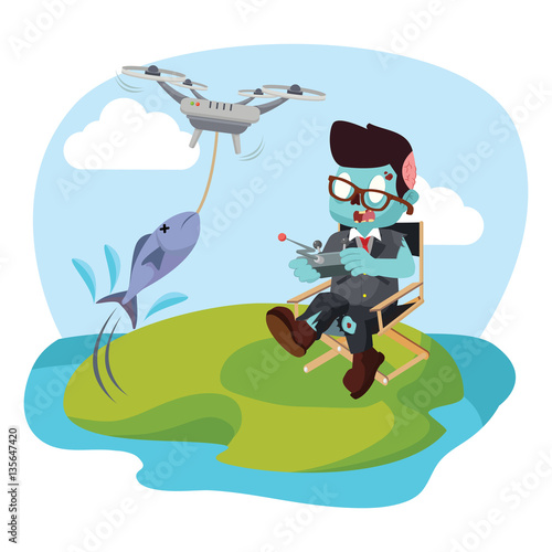 zombie businessman fishing with drone