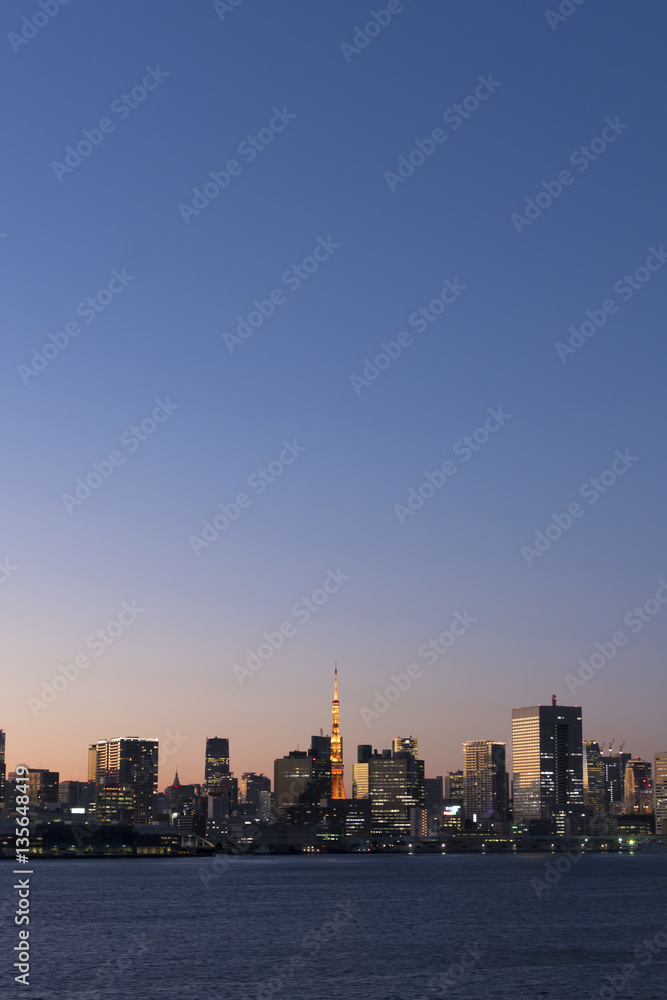 東京都市風景　夕景　トワイライト　夕暮れ　東京タワーと都心のビル群　大空コピースペース