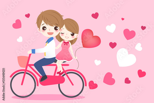 cute cartoon couple ride bicycle