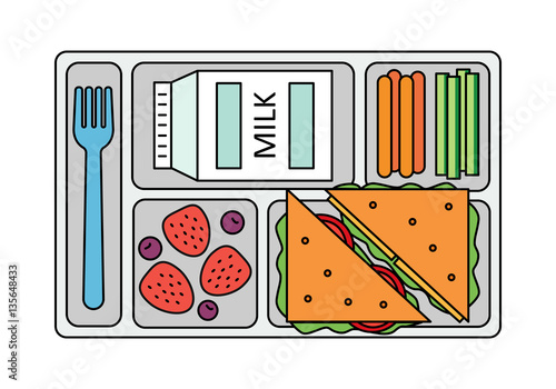 School lunch with a sandwich, fresh berries, vegetables and milk. Line style. Vector illustration. 