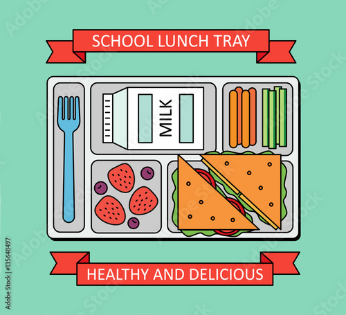 Poster in a line style. School lunch with a sandwich, fresh berries, vegetables and milk. Vector illustration. 
