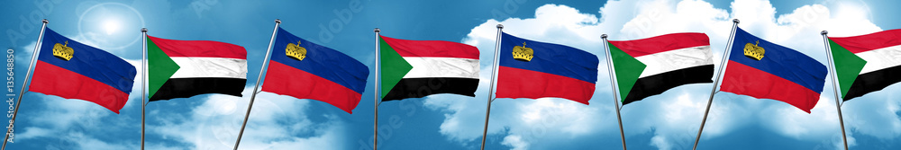 Liechtenstein flag with Sudan flag, 3D rendering Liechtenstein flag with Sudan flag, 3D rendering