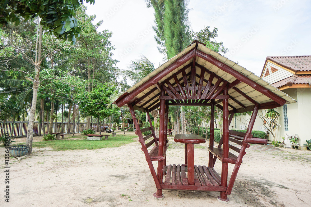 wooden shelter for sitting at the seaside in the resort wooden shelter for sitting at the seaside in the resort