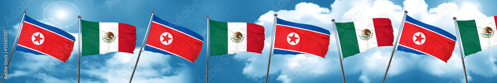 North Korea flag with Mexico flag, 3D rendering