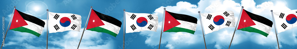 Jordan flag with South Korea flag, 3D rendering Jordan flag with South Korea flag, 3D rendering