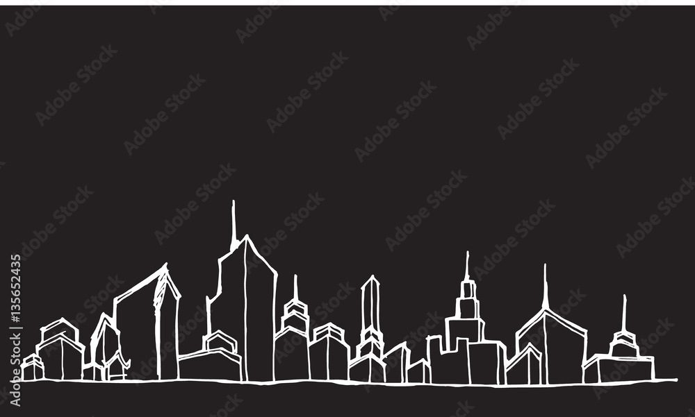 City skylines in cartoon doodle style on chalkboard background e City skylines in cartoon doodle style on chalkboard background e