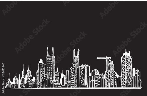 City skylines in cartoon doodle style on chalkboard background e