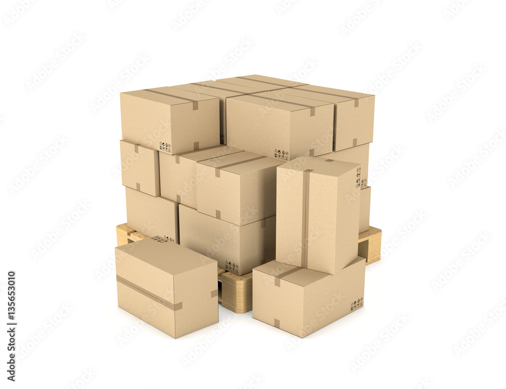 Rendering of several carton boxes stacked evenly on a double-decked pallet Rendering of several carton boxes stacked evenly on a double-decked pallet