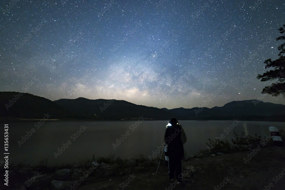 Photographer under the peaceful starry night sky background