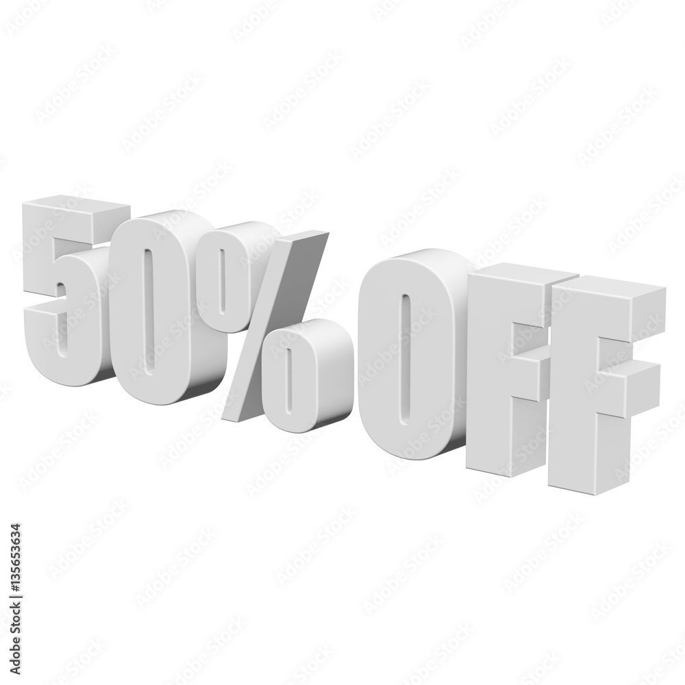 50 percent off letters on white background. 3d render isolated. 50 percent off letters on white background. 3d render isolated.