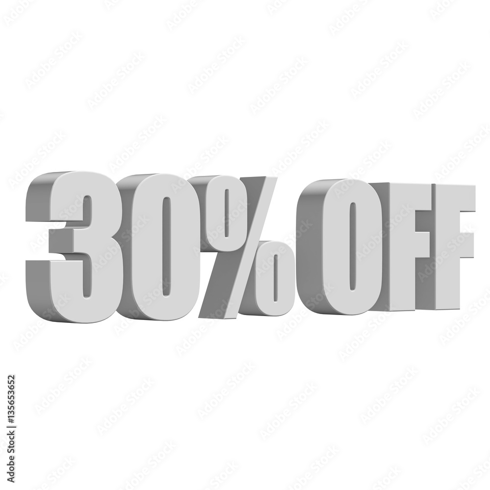 30 percent off letters on white background. 3d render isolated. 30 percent off letters on white background. 3d render isolated.