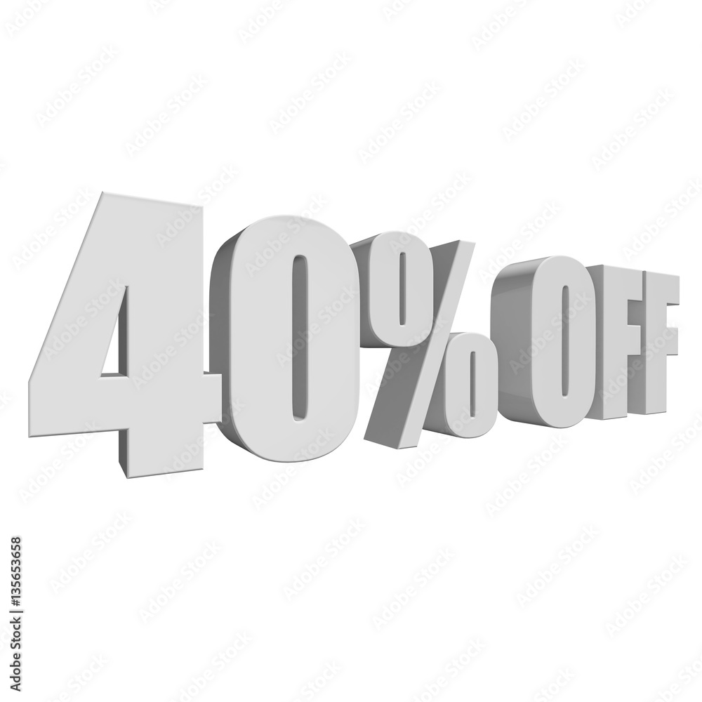 40 percent off letters on white background. 3d render isolated.