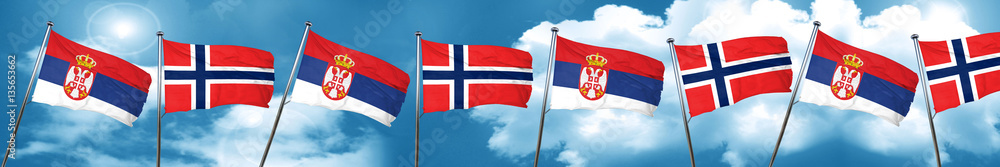 Serbia flag with Norway flag, 3D rendering Serbia flag with Norway flag, 3D rendering