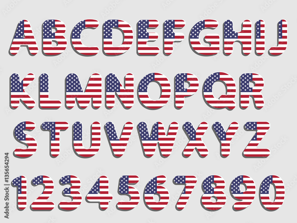 flat vector rounded American flag font alphabet letters and numerals with shadow and white glow like new paper effect design