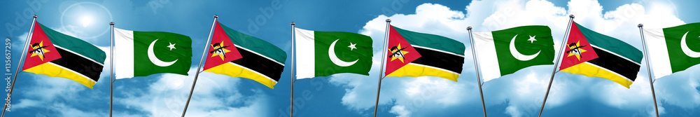 Mozambique flag with Pakistan flag, 3D rendering Mozambique flag with Pakistan flag, 3D rendering
