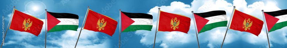 Montenegro flag with Palestine flag, 3D rendering Montenegro flag with Palestine flag, 3D rendering