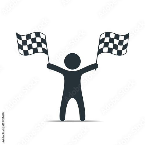 Man with checkered flag icon. Man holding flag. Vector isolated