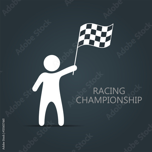 Man with checkered flag icon. Man holding flag. Vector isolated