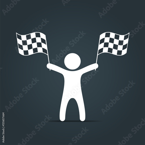 Man with checkered flag icon. Man holding flag. Vector isolated