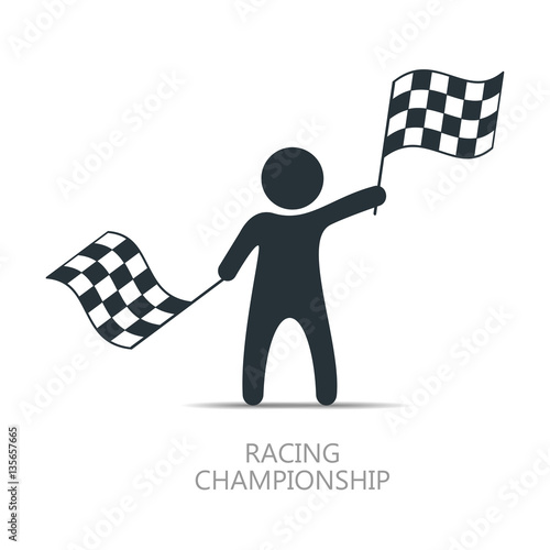 Man with checkered flag icon. Man holding flag. Vector isolated