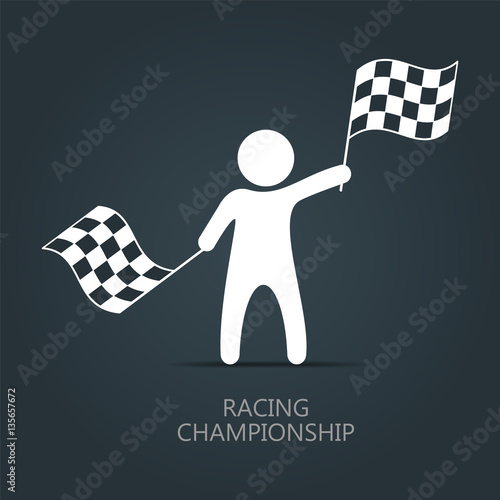 Man with checkered flag icon. Man holding flag. Vector isolated photo