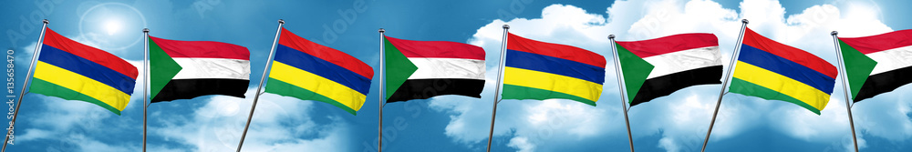 Mauritius flag with Sudan flag, 3D rendering Mauritius flag with Sudan flag, 3D rendering